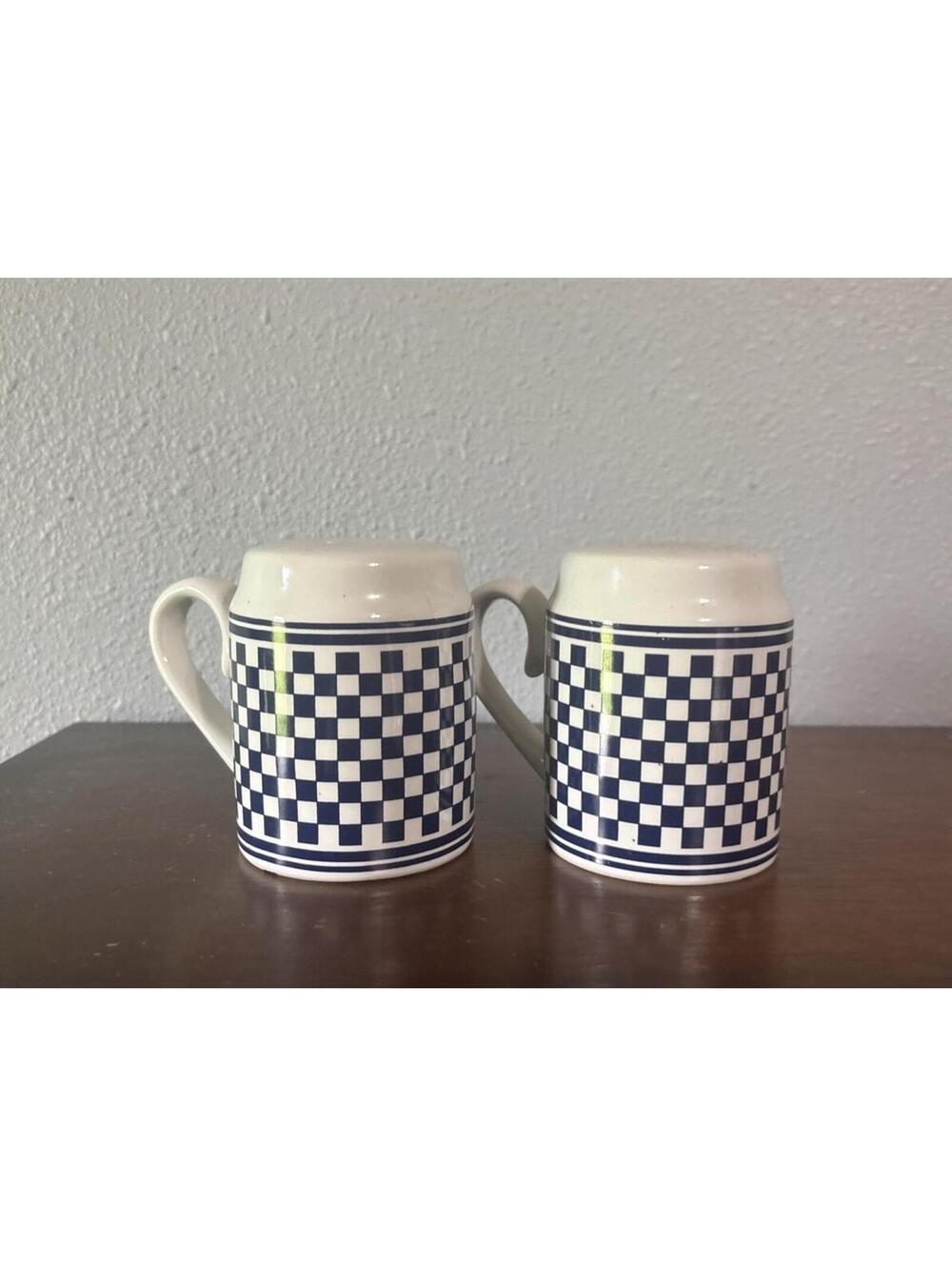 Retro Plaid Checkered Blue And White Large Salt And Pepper Shakers